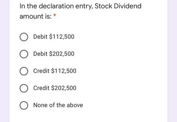 In the declaration entry, Stock Dividend
amount is:
Debit $112,500
Debit $202,500
Credit $112,500
Credit $202,500
None of the above

