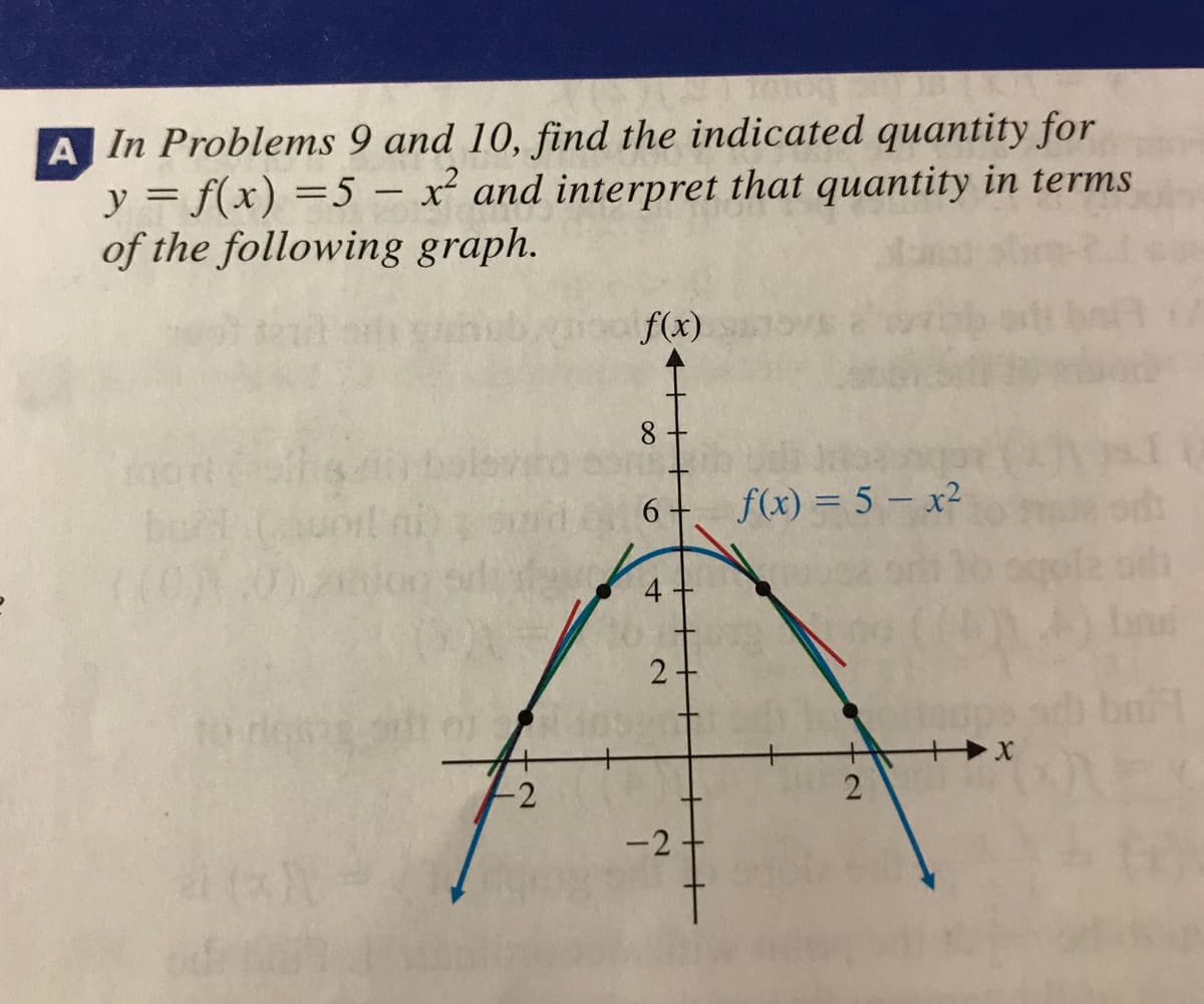 A In Problems 9 and 10, find the indicated quantity for
y = f(x) =5 – x² and interpret that quantity in terms
of the following graph.
f(x)
8
6+ f(x) = 5 – x2
to roag
ins
-2
-2-
4.
