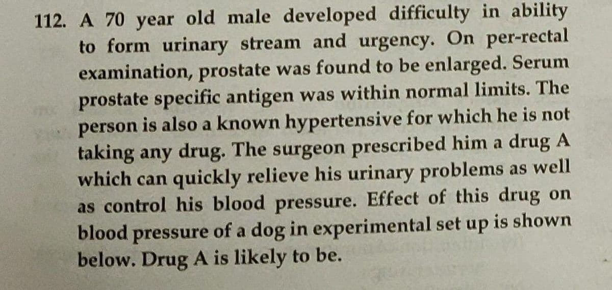 112. A 70 year old male developed difficulty in ability
to form urinary stream and urgency. On per-rectal
examination, prostate was found to be enlarged. Serum
prostate specific antigen was within normal limits. The
person is also a known hypertensive for which he is not
taking any drug. The surgeon prescribed him a drug A
which can quickly relieve his urinary problems as well
as control his blood pressure. Effect of this drug on
blood pressure of a dog in experimental set up is shown
below. Drug A is likely to be.
