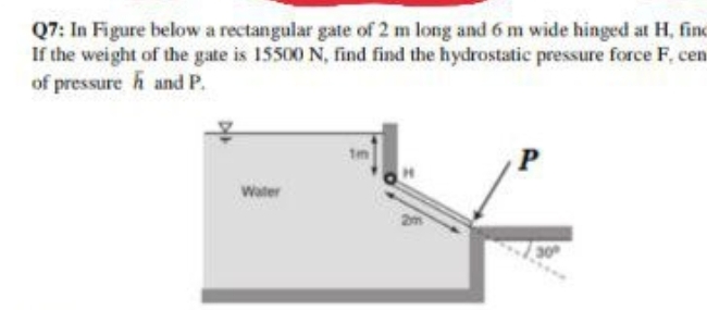 Q7: In Figure below a rectangular gate of 2 m long and 6 m wide hinged at H, find
If the weight of the gate is 15500 N, find find the hydrostatic pressure force F, cen
of pressure h and P.
Water
30
