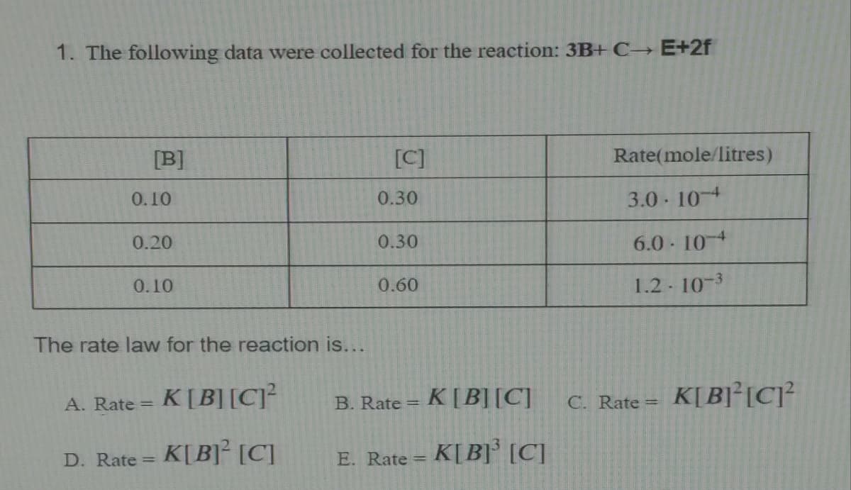 1. The following data were collected for the reaction: 3B+ C→ E+2f
B]
[C]
Rate(mole/litres)
0.10
0.30
3.0 104
0.20
0.30
6.0 10 4
0.10
0.60
1.2 10-3
The rate law for the reaction is...
A. Rate = K[B][C]²
K[B][C]
C. Rate = K[ B]²[C]²
B. Rate=
K[B]° [C]
E. Rate = K[B] [C]
D. Rate =
