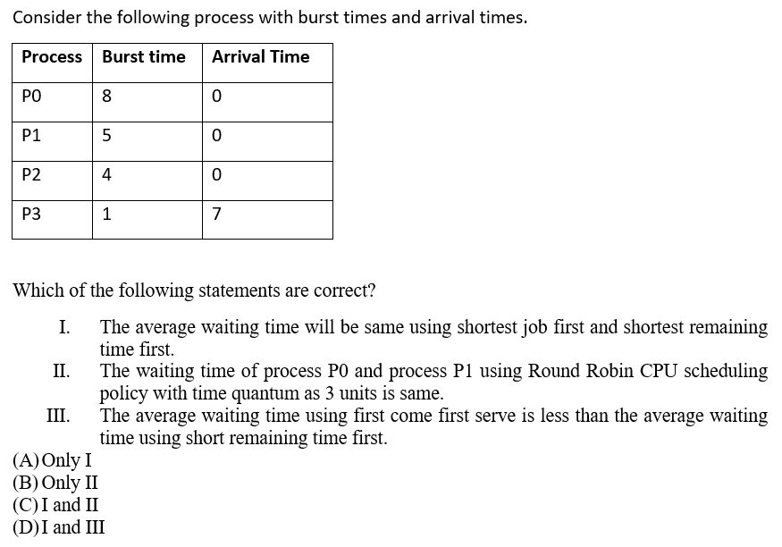 Consider the following process with burst times and arrival times.
Process Burst time
Arrival Time
PO
8
P1
P2
4
P3
7
Which of the following statements are correct?
I.
The average waiting time will be same using shortest job first and shortest remaining
time first.
The waiting time of process PO and process P1 using Round Robin CPU scheduling
policy with time quantum as 3 units is same.
The average waiting time using first come first serve is less than the average waiting
time using short remaining time first.
II.
III.
(A) Only I
(B) Only II
(C)I and II
(D)I and III
