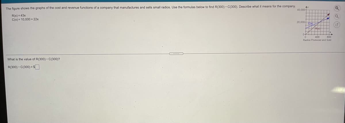 The figure shows the graphs of the cost and revenue functions of a company that manufactures and sells small radios. Use the formulas below to find R(300) - C(300). Describe what it means for the company.
40,000-
R(x) = 43x
C(x) = 10,000 + 22x
20,000
400
800
Radios Produced and Sold
What is the value of R(300) - C(300)?
R(300) - C(300) = SO
