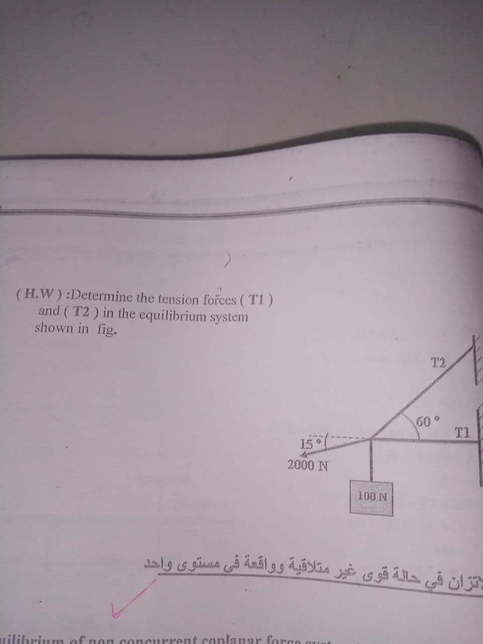 (H.W) :Determine the tension forces (T1)
and ( T2 ) in the equilibrium system
shown in fig.
T2
60°
T1
15
2000 N
100 N
تزان في حالة قوى غير متلاقية وواقعة في مستوي وأحد
rium of non concurrent conlanar force
