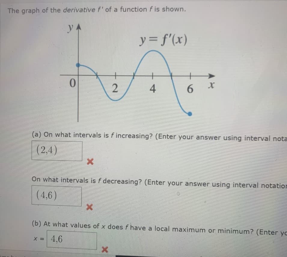 The graph of the derivative f' of a function f is shown.
y A
y = f'(x)
2
4
6 *
(a) On what intervals is f increasing? (Enter your answer using interval nota
| (2,4)
On what intervals is f decreasing? (Enter your answer using interval notation
(4,6)
(b) At what values of x does f have a local maximum or minimum? (Enter yc
4,6
X =
