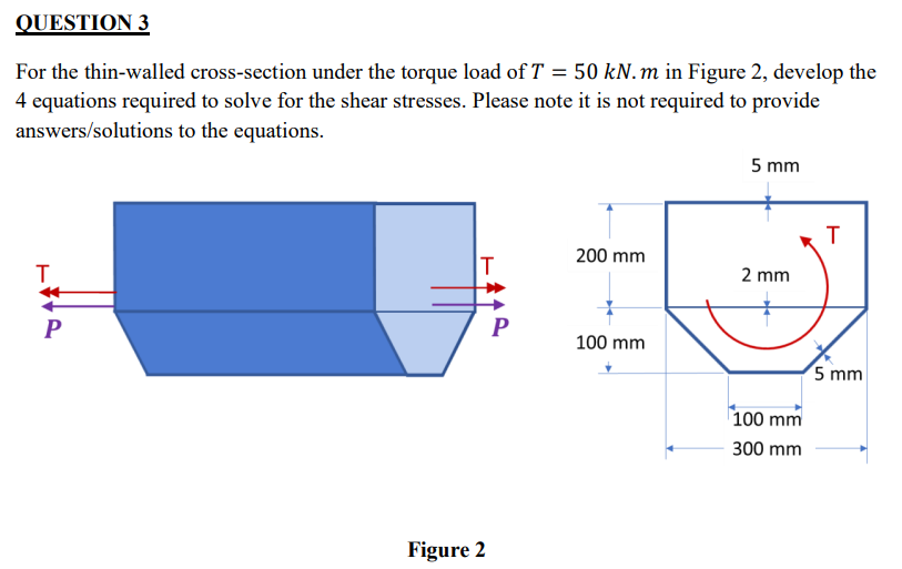 QUESTION 3
For the thin-walled cross-section under the torque load of T = 50 kN. m in Figure 2, develop the
4 equations required to solve for the shear stresses. Please note it is not required to provide
answers/solutions to the equations.
T
P
T
Figure 2
P
200 mm
100 mm
5 mm
2 mm
100 mm
300 mm
T
5 mm