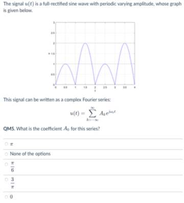 The signal u(t) is a full-rectified sine wave with periodic varying amplitude, whose graph
is given below.
This signal can be written as a complex Fourier series:
w(1) =Σ Against
u(t)
as
QM5. What is the coefficient Ao for this series?
None of the options
k|1|09|k
03
AA
00