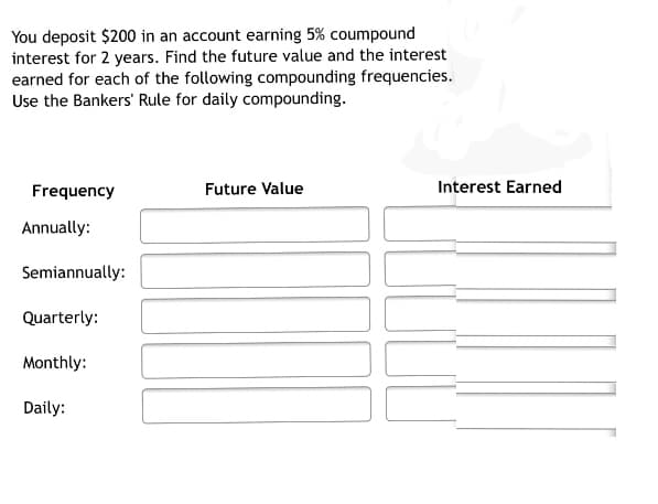 You deposit $200 in an account earning 5% coumpound
interest for 2 years. Find the future value and the interest
earned for each of the following compounding frequencies.
Use the Bankers' Rule for daily compounding.
Frequency
Future Value
Interest Earned
Annually:
Semiannually:
Quarterly:
Monthly:
Daily:
