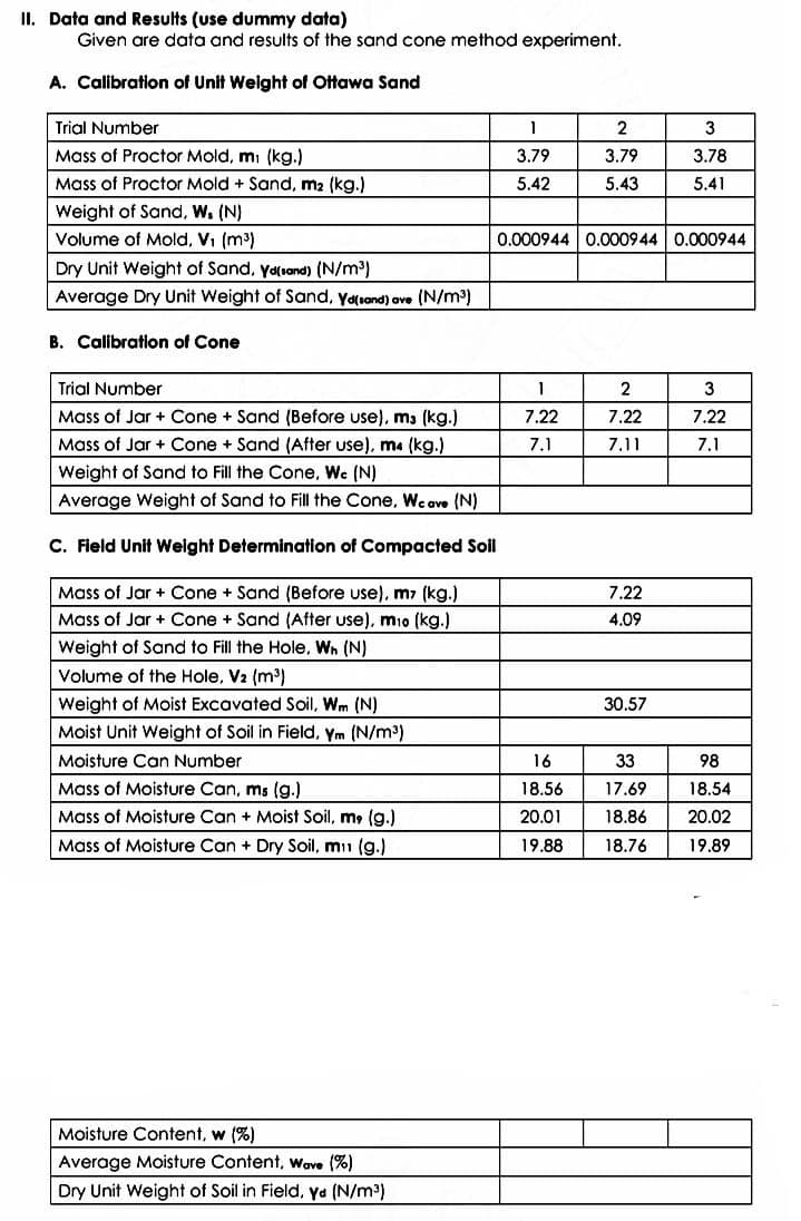 II. Data and Results (use dummy data)
Given are data and results of the sand cone method experiment.
A. Calibration of Unit Weight of Ottawa Sand
Trial Number
2
3
Mass of Proctor Mold, mi (kg.)
3.79
3.79
3.78
Mass of Proctor Mold + Sand, m2 (kg.)
5.42
5.43
5.41
Weight of Sand, W. (N)
Volume of Mold, Vi (m3)
0.000944 0.000944 0.000944
Dry Unit Weight of Sand, yatsand) (N/m)
Average Dry Unit Weight of Sand, Yotıand) ave (N/m3)
B. Calibration of Cone
Trial Number
2
3
Mass of Jar + Cone + Sand (Before use), m3 (kg.)
7.22
7.22
7.22
Mass of Jar + Cone + Sand (After use), m4 (kg.)
7.1
7.11
7.1
Weight of Sand to Fill the Cone, We (N)
Average Weight of Sand to Fill the Cone, Weove (N)
C. Fleld Unit Weight Determination of Compacted Soil
7.22
Mass of Jar + Cone + Sand (Before use), m7 (kg.)
Mass of Jar + Cone + Sand (After use), mio (kg.)
4.09
Weight of Sand to Fill the Hole, Wn (N)
Volume of the Hole, V2 (m³)
Weight of Moist Excavated Soil, Wm (N)
30.57
Moist Unit Weight of Soil in Field, ym (N/m³)
Moisture Can Number
16
33
98
Mass of Moisture Can, ms (g.)
18.56
17.69
18.54
Mass of Moisture Can + Moist Soil, m, (g.)
20.01
18.86
20.02
Mass of Moisture Can + Dry Soil, mii (g.)
19.88
18.76
19.89
Moisture Content, w (%)
Average Moisture Content, wave (%)
Dry Unit Weight of Soil in Field, ya (N/m³)
