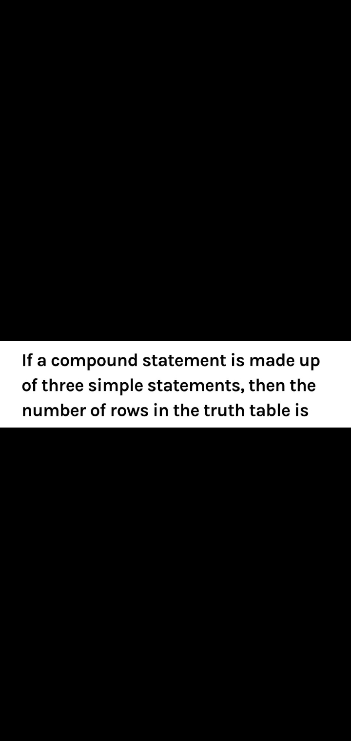 If a compound statement is made up
of three simple statements, then the
number of rows in the truth table is
