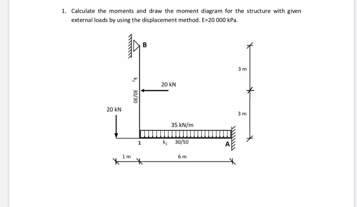 1. Calculate the moments and draw the moment diagram for the structure with given
external loads by using the displacement method. E=20 000 kPa.
В
3 m
20 kN
20 kN
3 m
35 kN/m
1
k,
30/50
1 m
6 m
k, 30/30
