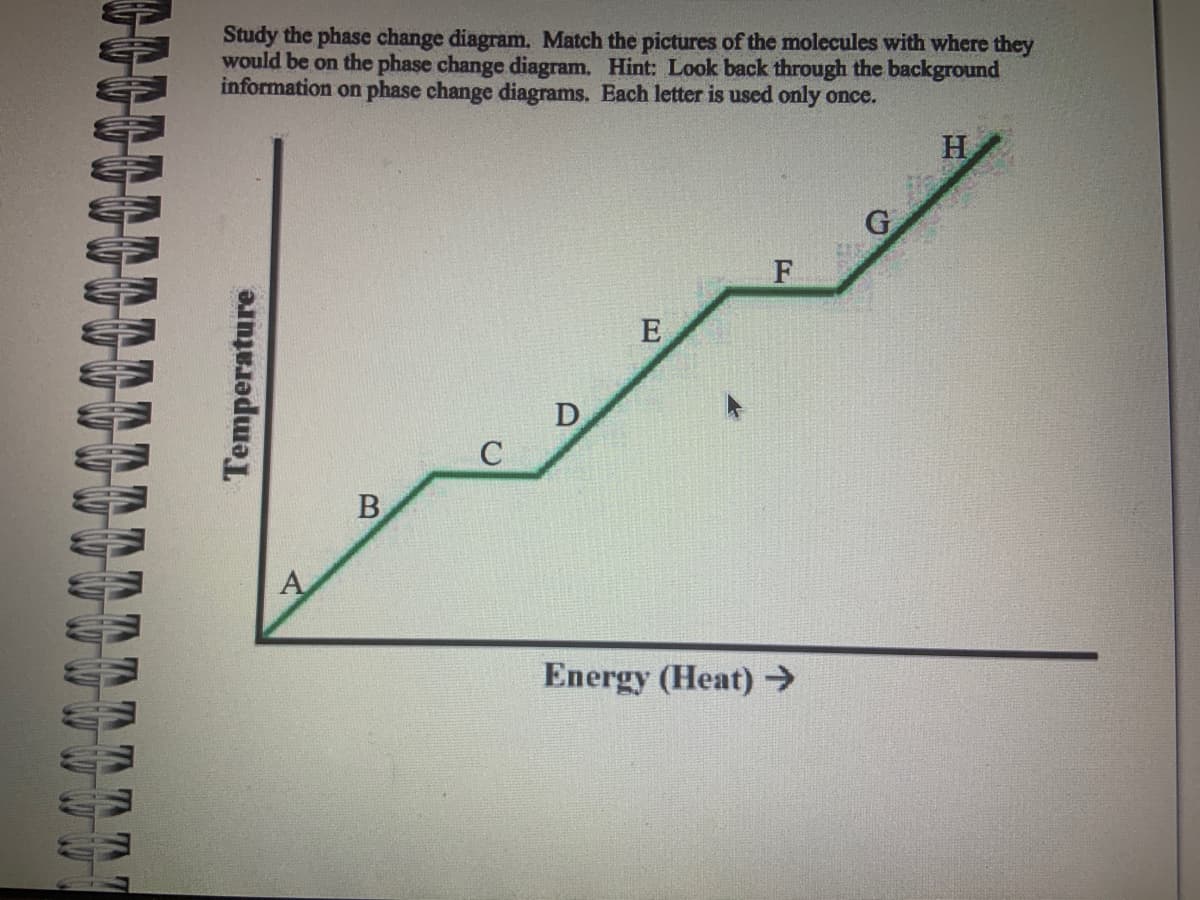 TTTT
Study the phase change diagram. Match the pictures of the molecules with where they
would be on the phase change diagram. Hint: Look back through the background
information on phase change diagrams. Each letter is used only once.
Temperature
A
B
C
D
E
F
Energy (Heat) →
G
EIE
H