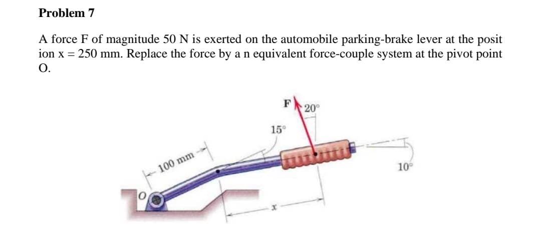 Problem 7
A force F of magnitude 50 N is exerted on the automobile parking-brake lever at the posit
ion x = 250 mm. Replace the force by a n equivalent force-couple system at the pivot point
O.
F
20°
15°
100 mm
10
