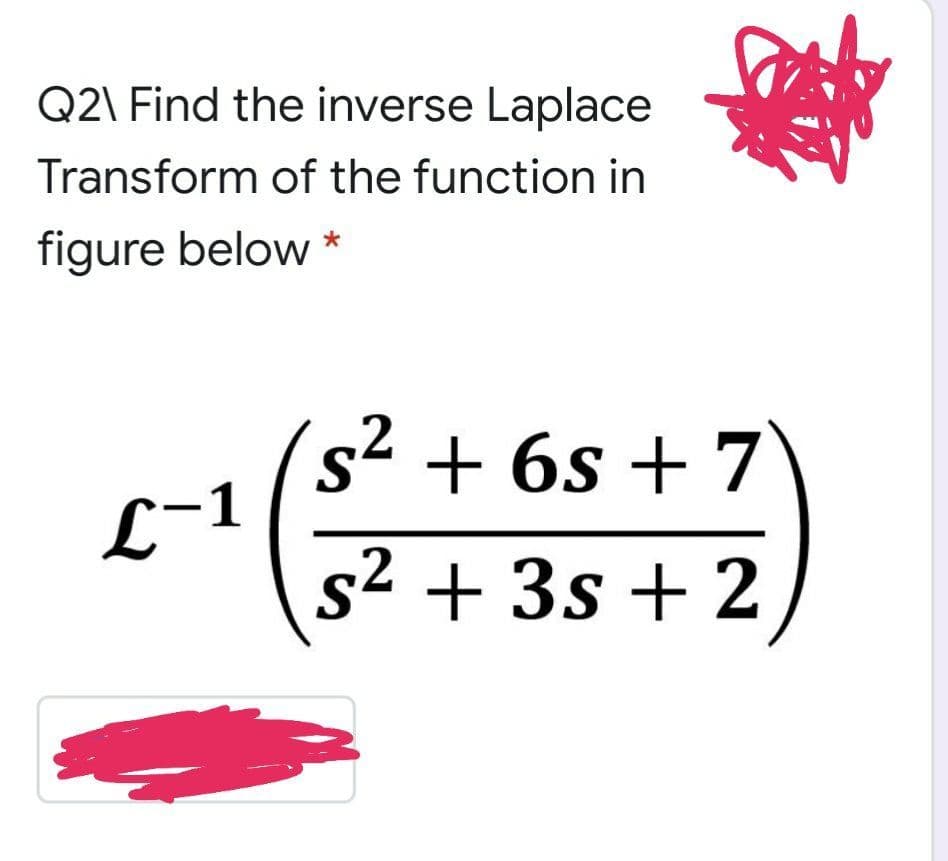 Q2\ Find the inverse Laplace
Transform of the function in
figure below *
s2 + 6s + 7
L-1
s² + 3s + 2
