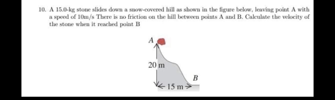 10. A 15.0-kg stone slides down a snow-covered hill as shown in the figure below, leaving point A with
a speed of 10m/s There is no friction on the hill between points A and B. Calculate the velocity of
the stone when it reached point B
20 m
15 m
B