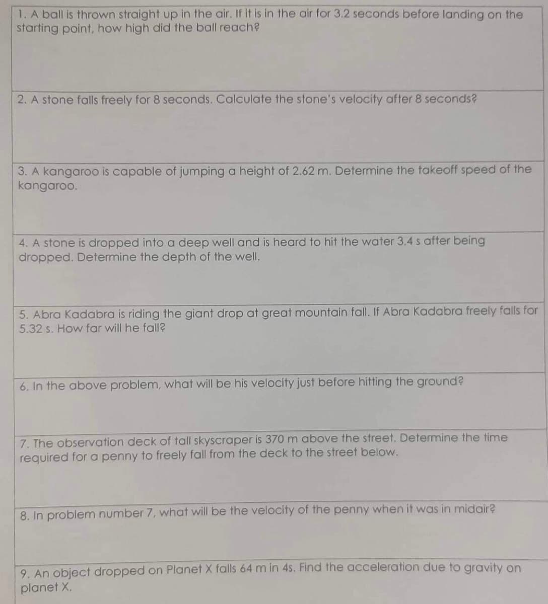 1. A ball is thrown straight up in the air. If it is in the air for 3.2 seconds before landing on the
starting point, how high did the ball reach?
2. A stone falls freely for 8 seconds. Calculate the stone's velocity after 8 seconds?
3. A kangaroo is capable of jumping a height of 2.62 m. Determine the takeoff speed of the
kangaroo.
4. A stone is dropped into a deep well and is heard to hit the water 3.4 s after being
dropped. Determine the depth of the well.
5. Abra Kadabra is riding the giant drop at great mountain fall. If Abra Kadabra freely falls for
5.32 s. How far will he fall?
6. In the above problem, what will be his velocity just before hitting the ground?
7. The observation deck of tall skyscraper is 370 m above the street. Determine the time
required for a penny to freely fall from the deck to the street below.
8. In problem number 7, what will be the velocity of the penny when it was in midair?
9. An object dropped on Planet X falls 64 m in 4s. Find the acceleration due to gravity on
planet X.