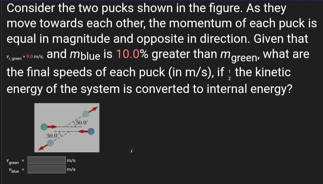 Consider the two pucks shown in the figure. As they
move towards each other, the momentum of each puck is
equal in magnitude and opposite in direction. Given that
Vionan =90m/s and mblue is 10.0% greater than mareen, what are
Mgreen
the final speeds of each puck (in m/s), if : the kinetic
energy of the system is converted to internal energy?
30.0°
30.0°
green
m/s
Vblue =
m/s
