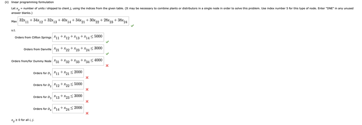 (ii) linear programming formulation
Let Xj
= number of units i shipped to client j, using the indices from the given table. (It may be necessary to combine plants or distributors in a single node in order to solve this problem. Use index number 5 for this type of node. Enter "DNE" in any unused
answer blanks.)
32x11+34x12
+ 32x13
+ 40x14
+ 34x21 + 30x22 + 28x23
+ 38x24
Маx
s.t.
+x,
+
Orders from Clifton Springs X11 †*12 + *13 x14< 5000
+
+
+
3000
Orders from Danville X21 X22 † *23 † 24
Orders from/for Dummy Node X31 † X32 † X33 + X34 < 4000
Orders for D, X11+x21 < 2000
Orders for D, X12+x22< 5000
Orders for D3 X13 +x23 < 3000
Orders for D4 *14
+ x24 < 2000
Xj 2 0 for all i, j.
