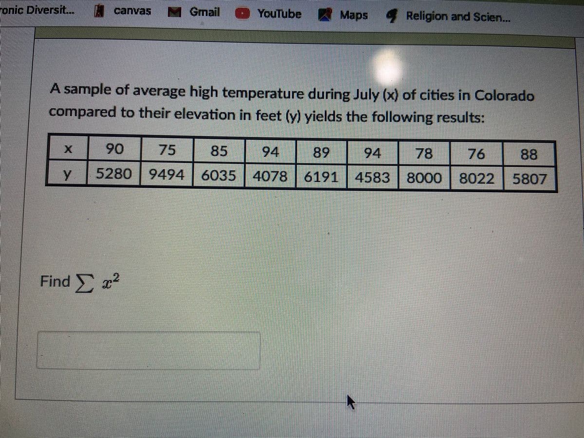 onic DiversitL.
canvas
M Gmail
G YouTube
Maps
4 Religion and Scien...
A sample of average high temperature during July (x) of cities in Colorado
compared to their elevation in feet (y) yields the following results:
90
75
85
94
89
94
78
76
5280
9494 6035
4078
6191 4583
0008
8022 | 5807
Find >, r
a aamsi
