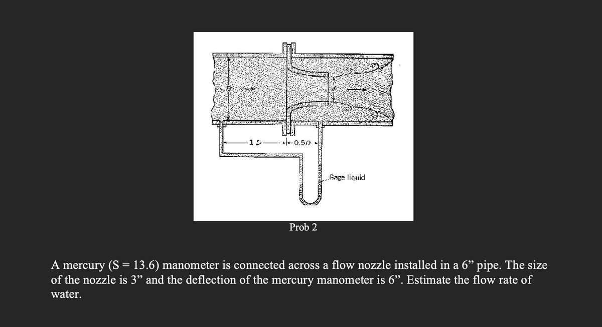 1 D
*+0.500
Prob 2
Gage liquid
A mercury (S = 13.6) manometer is connected across a flow nozzle installed in a 6” pipe. The size
of the nozzle is 3” and the deflection of the mercury manometer is 6”. Estimate the flow rate of
water.