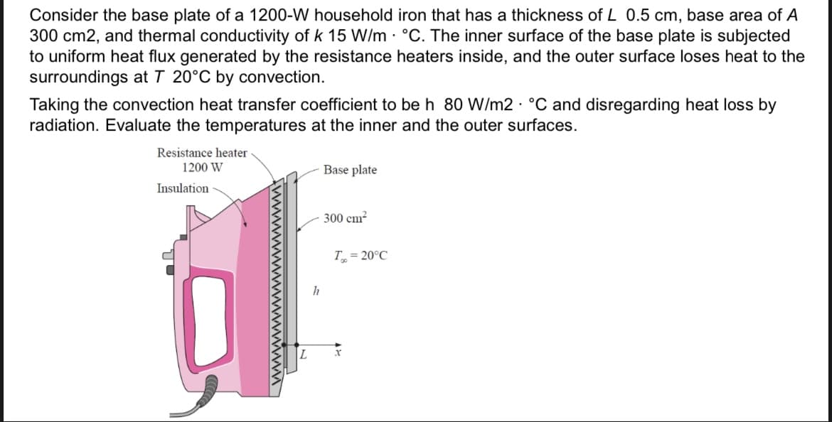 Consider the base plate of a 1200-W household iron that has a thickness of L 0.5 cm, base area of A
300 cm2, and thermal conductivity of k 15 W/m · °C. The inner surface of the base plate is subjected
to uniform heat flux generated by the resistance heaters inside, and the outer surface loses heat to the
surroundings at T 20°C by convection.
Taking the convection heat transfer coefficient to be h 80 W/m2 · °C and disregarding heat loss by
radiation. Evaluate the temperatures at the inner and the outer surfaces.
Resistance heater
1200 W
Base plate
Insulation
300 cm?
T= 20°C
h
