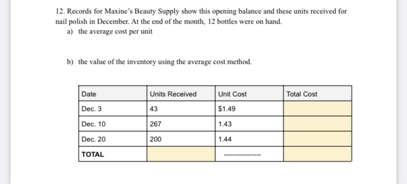 12. Records for Maxine's Beauty Supply show this opening balance and these units received for
nail polish in December. At the end of the month, 12 bottles were on hand.
a) the average cost per unit
b) the value of the inventory using the average cost method.
Date
Units Received
Unit Cost
Total Cost
Dec. 3
43
$1.49
Dec. 10
| 267
1.43
Dec. 20
200
1.44
ТOTAL
