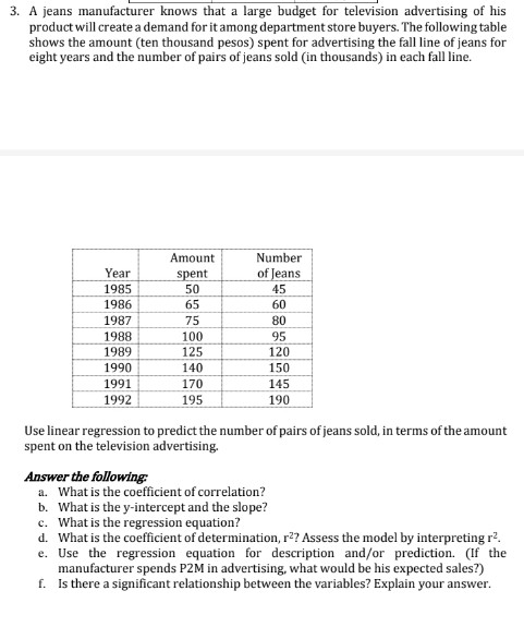 3. A jeans manufacturer knows that a large budget for television advertising of his
product will create a demand for it among department store buyers. The following table
shows the amount (ten thousand pesos) spent for advertising the fall line of jeans for
eight years and the number of pairs of jeans sold (in thousands) in each fall line.
Amount
Number
Year
spent
of Jeans
1985
50
45
1986
65
60
1987
75
80
1988
100
95
1989
125
120
1990
140
150
1991
170
145
1992
195
190
Use linear regression to predict the number of pairs of jeans sold, in terms of the amount
spent on the television advertising.
Answer the following:
a. What is the coefficient of correlation?
b. What is the y-intercept and the slope?
c. What is the regression equation?
d. What is the coefficient of determination, r?? Assess the model by interpreting r?.
e. Use the regression equation for description and/or prediction. (If the
manufacturer spends P2M in advertising, what would be his expected sales?)
f. Is there a significant relationship between the variables? Explain your answer.
