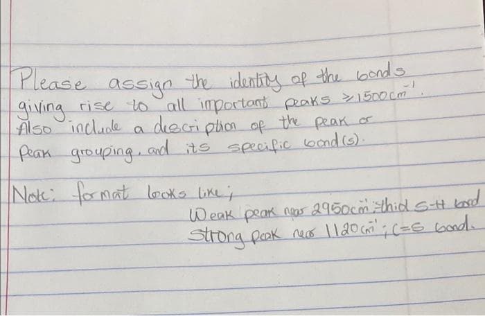 Please
the identiy of the bonds
giving rise to all important peaks 150ocm.
Also incluoe a deecri pion of the peak or
Pean grouping, and its specfic bond (s).
assign
Not: for mat
looks likei
Weak peak nas 2950cm thid SH bnd
Strong paak neas ll20 Gail ; C=E Gond

