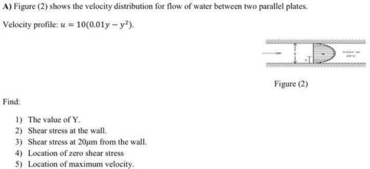 A) Figure (2) shows the velocity distribution for flow of water between two parallel plates.
Velocity profile: u = 10(0.01y - y²).
Figure (2)
Find:
1) The value of Y.
2) Shear stress at the wall.
3) Shear stress at 20μm from the wall.
4) Location of zero shear stress
5) Location of maximum velocity.