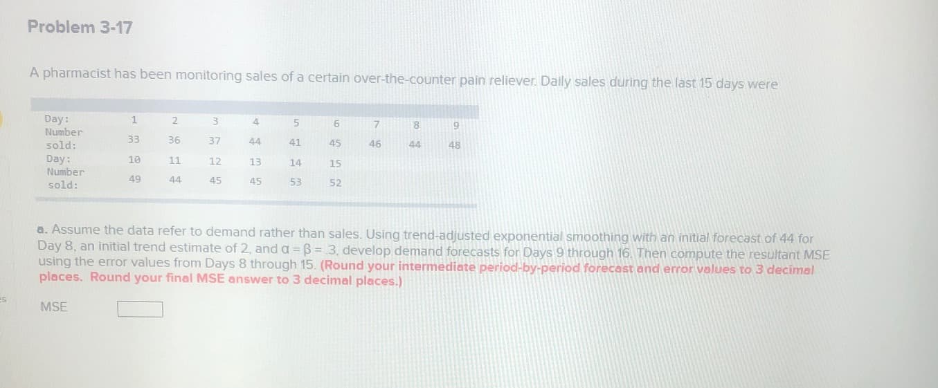 A pharmacist has been monitoring sales of a certain over-the-counter pain reliever. Daily sales during the last 15 days were
Day:
Number
1
3
8
sold:
33
36
37
44
41
45
46
44
48
Day:
Number
10
11
12
13
14
15
sold:
49
44
45
45
53
52
a. Assume the data refer to demand rather than sales. Using trend-adjusted exponential smoothing with an initial forecast of 44 for
Day 8, an initial trend estimate of 2, and a = B = 3, develop demand forecasts for Days 9 through 16. Then compute the resultant MSE
using the error values from Days 8 through 15. (Round your intermediate period-by-period forecast and error values to 3 decimal
places. Round your final MSE answer to 3 decimal places.)
MSE
