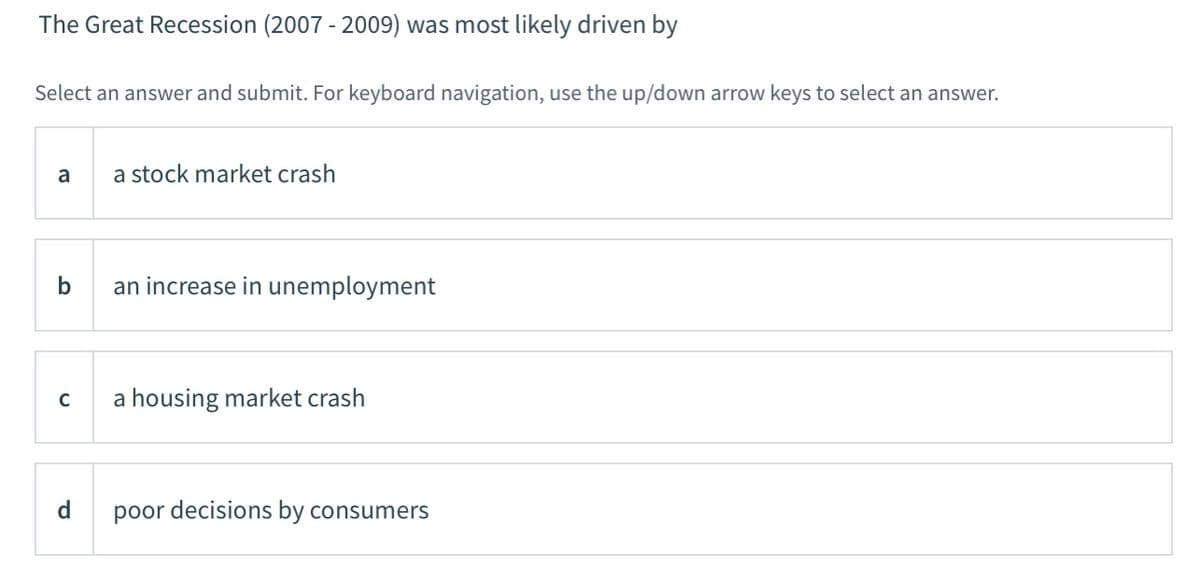 The Great Recession (2007 - 2009) was most likely driven by
Select an answer and submit. For keyboard navigation, use the up/down arrow keys to select an answer.
a
a stock market crash
b
an increase in unemployment
C
a housing market crash
d
poor decisions by consumers
