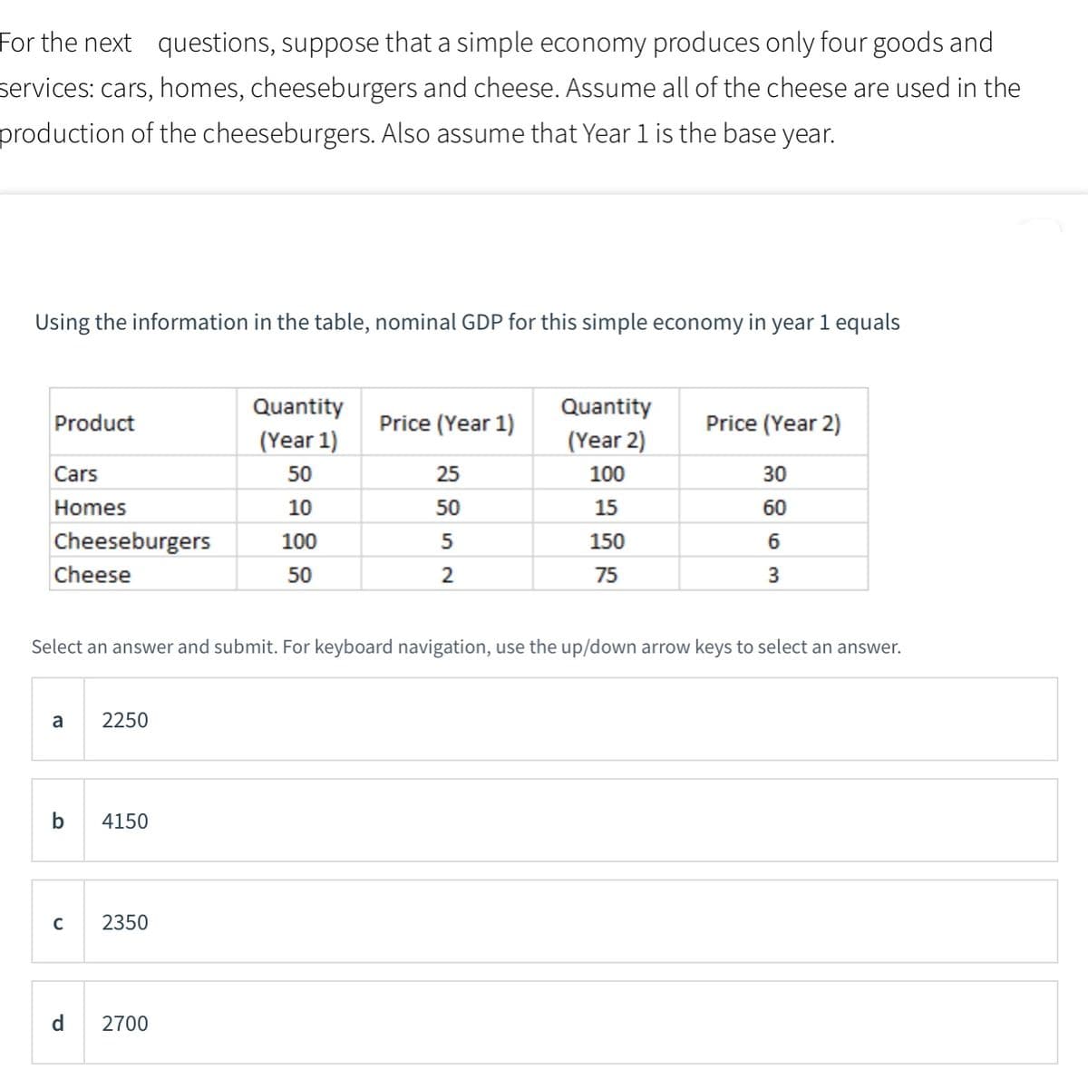 For the next questions, suppose that a simple economy produces only four goods and
services: cars, homes, cheeseburgers and cheese. Assume all of the cheese are used in the
production of the cheeseburgers. Also assume that Year1 is the base year.
Using the information in the table, nominal GDP for this simple economy in year 1 equals
Quantity
Quantity
Product
Price (Year 1)
Price (Year 2)
(Year 1)
(Year 2)
Cars
50
25
100
30
Homes
10
50
15
60
Cheeseburgers
100
150
6
Cheese
50
2
75
3
Select an answer and submit. For keyboard navigation, use the up/down arrow keys to select an answer.
a
2250
b
4150
2350
d
2700
