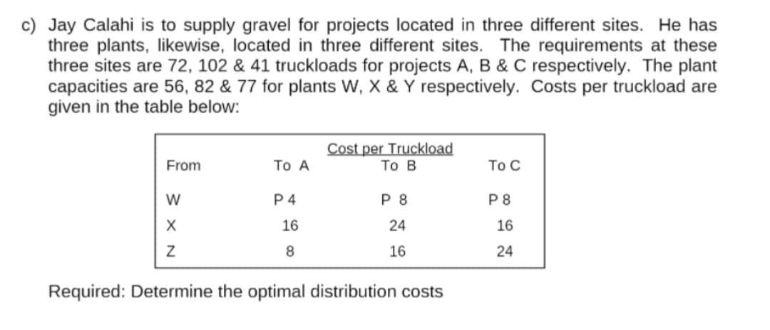 c) Jay Calahi is to supply gravel for projects located in three different sites. He has
three plants, likewise, located in three different sites. The requirements at these
three sites are 72, 102 & 41 truckloads for projects A, B & C respectively. The plant
capacities are 56, 82 & 77 for plants W, X & Y respectively. Costs per truckload are
given in the table below:
Cost per Truckload
То В
From
Тo A
To C
W
P 4
P 8
P 8
16
24
16
8
16
24
Required: Determine the optimal distribution costs
