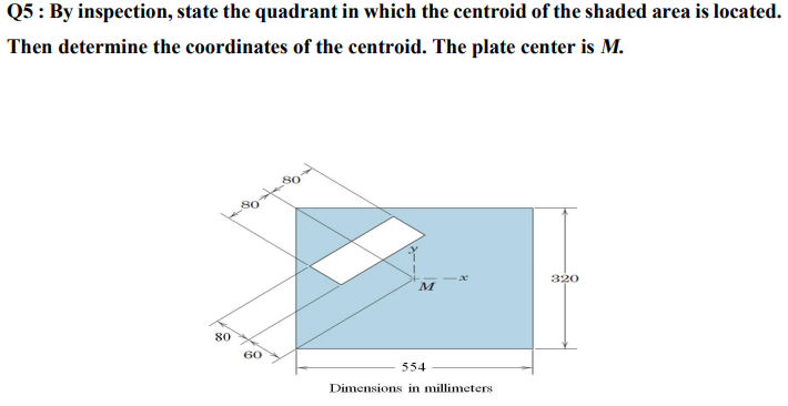 Q5 : By inspection, state the quadrant in which the centroid of the shaded area is located.
Then determine the coordinates of the centroid. The plate center is M.
80
320
M
80
60
554
Dimensions in millimeters
