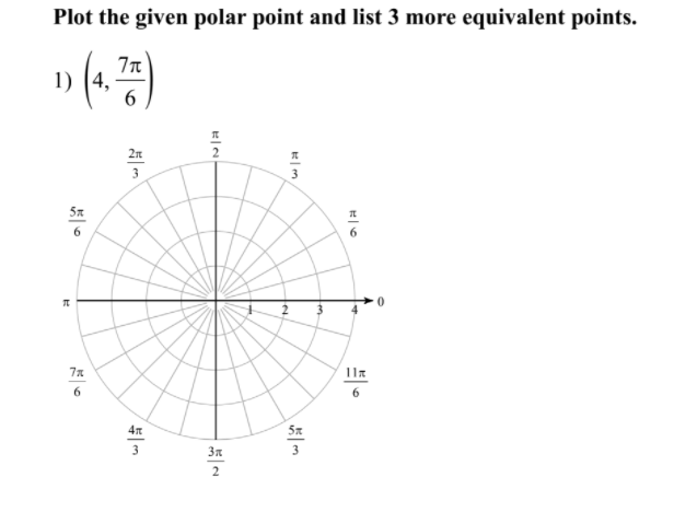 Plot the given polar point and list 3 more equivalent points.
1)
4,
6
2n
3
6
3
3n
2.
