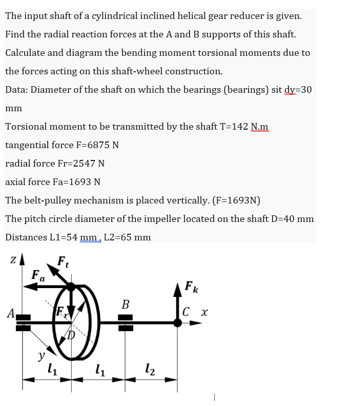 The input shaft of a cylindrical inclined helical gear reducer is given.
Find the radial reaction forces at the A and B supports of this shaft.
Calculate and diagram the bending moment torsional moments due to
the forces acting on this shaft-wheel construction.
Data: Diameter of the shaft on which the bearings (bearings) sit dy=30
mm
Torsional moment to be transmitted by the shaft T=142 N.m
tangential force F=6875 N
radial force Fr=2547 N
axial force Fa=1693 N
The belt-pulley mechanism is placed vertically. (F=1693N)
The pitch circle diameter of the impeller located on the shaft D=40 mm
Distances L1=54 mm , L2=65 mm
Z
Fa
Fk
B
F.
С х
A
.---
y
l1
l2
