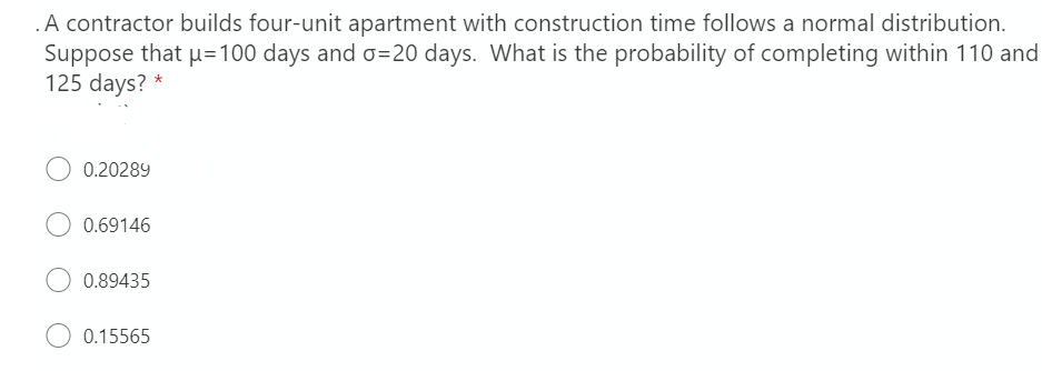 .A contractor builds four-unit apartment with construction time follows a normal distribution.
Suppose that u=100 days and o=20 days. What is the probability of completing within 110 and
125 days? *
0.20289
0.69146
O 0.89435
0.15565
