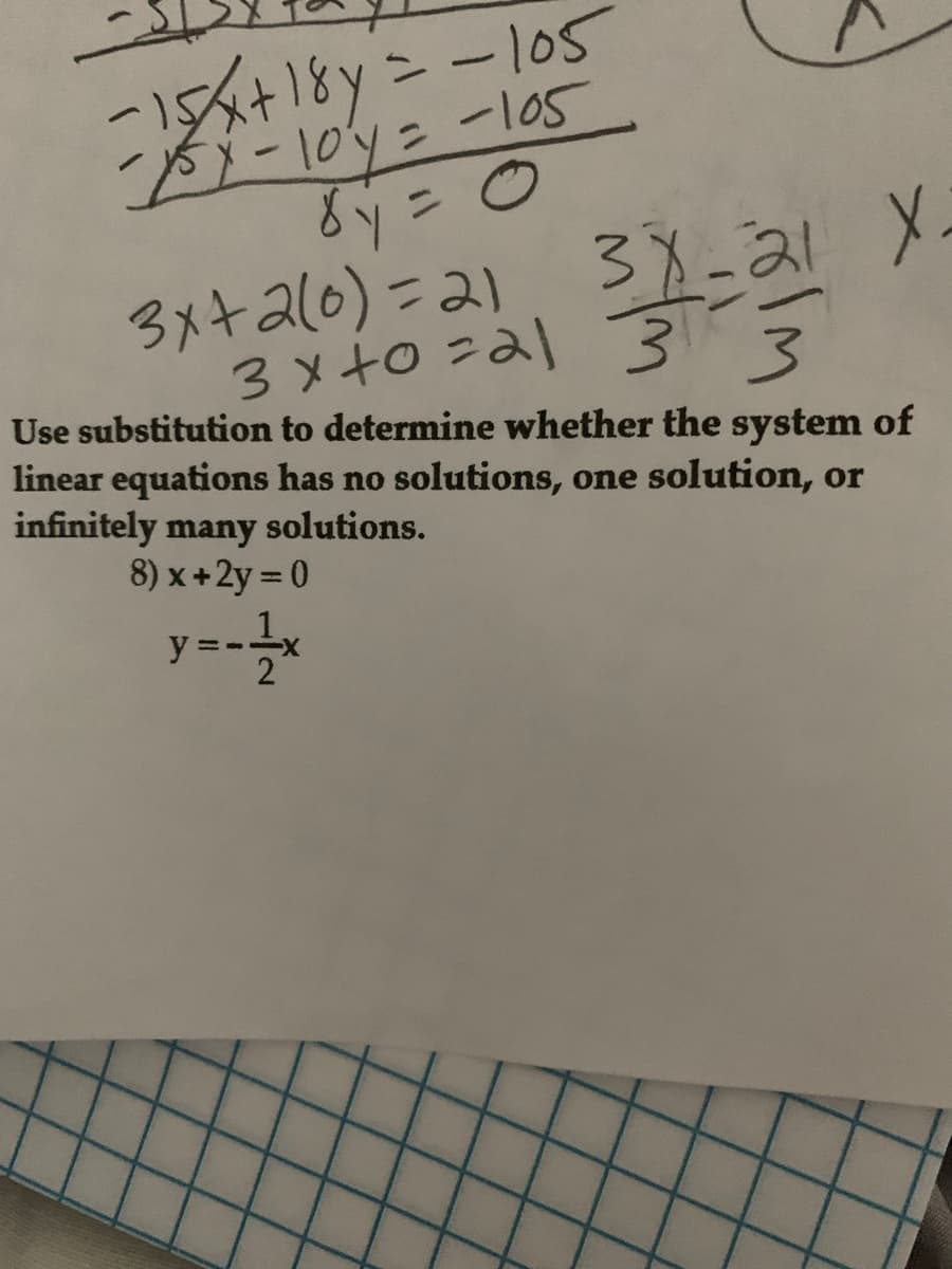 ン
Bi-10y= -10s
8y = 0
3x+ al6) =21
%3D
38-21 X-
3X.
3xto -al 3
Use substitution to determine whether the system of
3.
linear equations has no solutions, one solution, or
infinitely many solutions.
8) x +2y = 0
