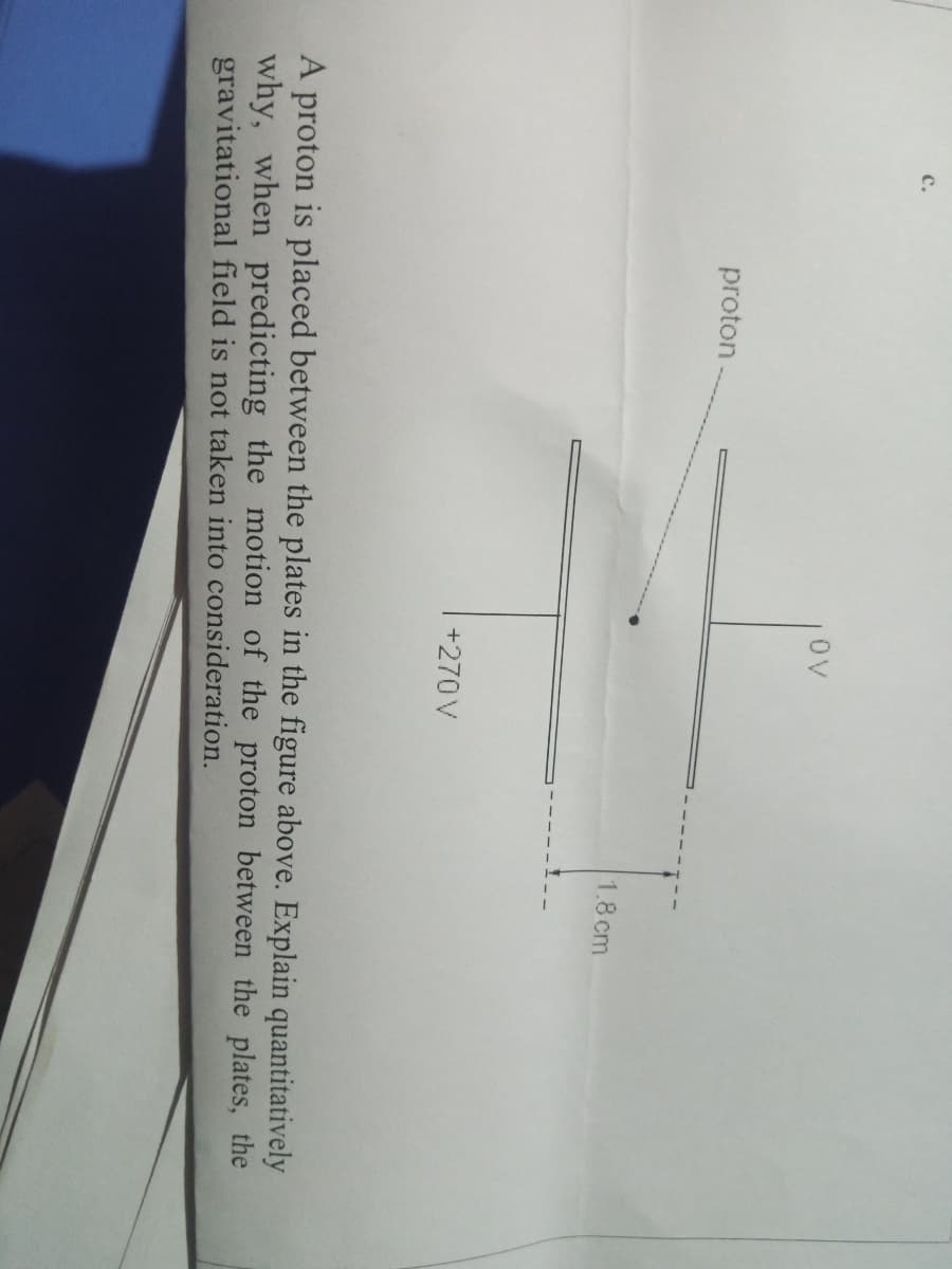 OV
proton
1.8 cm
+270 V
A proton is placed between the plates in the figure above. Explain quantitatively
why, when predicting the motion of the proton between the plates, the
gravitational field is not taken into consideration.
