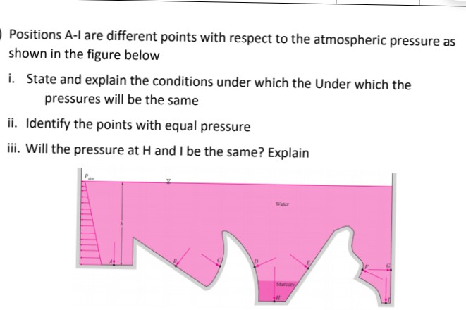 - Positions A-l are different points with respect to the atmospheric pressure as
shown in the figure below
i. State and explain the conditions under which the Under which the
pressures will be the same
ii. Identify the points with equal pressure
iii. Will the pressure at H and I be the same? Explain
Water
Meroury
