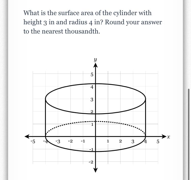 What is the surface area of the cylinder with
height 3 in and radius 4 in? Round your answer
to the nearest thousandth.
4
3
х
-5
-3
-2 -1
1
2
3
4
5
-2
