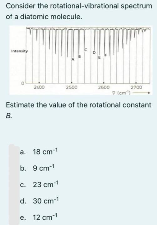 Consider the
of a diatomic molecule.
Intensity
0
rotational-vibrational spectrum
2400
d
a. 18 cm-1
b. 9 cm-1
c. 23 cm-1
d. 30 cm-1
e. 12 cm-1
2500
U
O
m.
LL
2600
v (cm³)
2700
Estimate the value of the rotational constant
B.