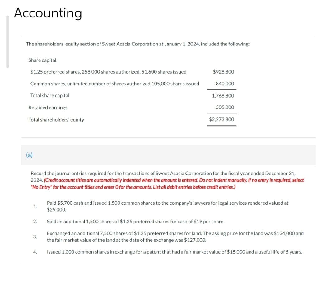 Accounting
The shareholders' equity section of Sweet Acacia Corporation at January 1, 2024, included the following:
Share capital:
$1.25 preferred shares, 258,000 shares authorized, 51,600 shares issued
Common shares, unlimited number of shares authorized 105,000 shares issued
Total share capital
Retained earnings
Total shareholders' equity
(a)
1.
2.
3.
$928,800
840,000
Record the journal entries required for the transactions of Sweet Acacia Corporation for the fiscal year ended December 31,
2024. (Credit account titles are automatically indented when the amount is entered. Do not indent manually. If no entry is required, select
"No Entry" for the account titles and enter O for the amounts. List all debit entries before credit entries.)
4.
1,768,800
505,000
$2,273,800
Paid $5,700 cash and issued 1,500 common shares to the company's lawyers for legal services rendered valued at
$29,000.
Sold an additional 1,500 shares of $1.25 preferred shares for cash of $19 per share.
Exchanged an additional 7,500 shares of $1.25 preferred shares for land. The asking price for the land was $134,000 and
the fair market value of the land at the date of the exchange was $127,000.
Issued 1,000 common shares in exchange for a patent that had a fair market value of $15,000 and a useful life of 5 years.