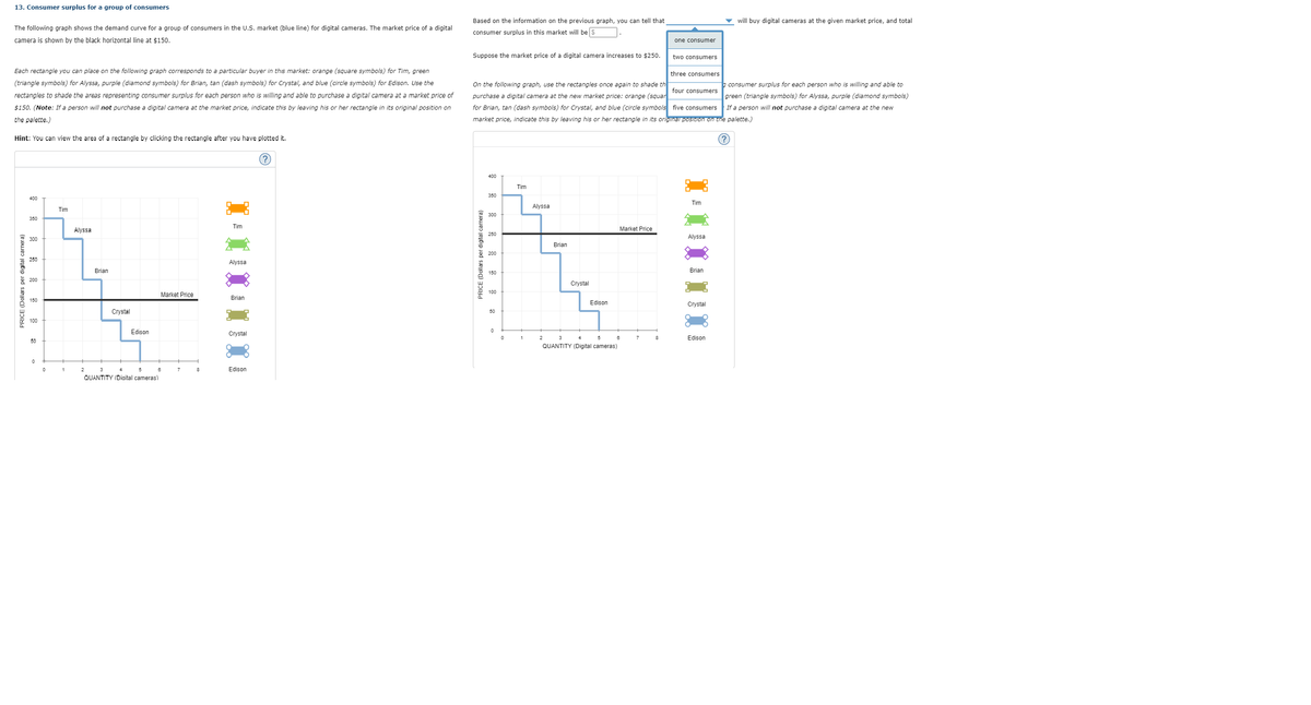 13. Consumer surplus for a group of consumers
Based on the information on the previous graph, you can tell that
will buy digital cameras at the given market price, and total
The following graph shows the demand curve for a group of consumers in the U.S. market (blue line) for digital cameras. The market price of a digital
consumer surplus in this market will be $
camera is shown by the black horizontal line at $150.
one consumer
Suppose the market price of a digital camera increases to $250.
two consumers
Each rectangle you can place on the following graph corresponds to a particular buyer in this market: orange (square symbols) for Tim, green
three consumers
(triangle symbols) for Alyssa, purple (diamond symbols) for Brian, tan (dash symbols) for Crystal, and blue (circle symbols) for Edison. Use the
On the following graph, use the rectangles once again to shade th
consumer surplus for each person who is willing and able to
four consumers
rectangles to shade the areas representing consumer surplus for each person who is willing and able to purchase a digital camera at a market price of
purchase a digital camera at the new market price: orange (squar
green (triangle symbols) for Alyssa, purple (diamond symbols)
$150. (Note: If a person will not purchase a digital camera at the market price, indicate this by leaving his or her rectangle in its original position on
for Brian, tan (dash symbols) for Crystal, and blue (circle symbols five consumers
If a person will not purchase a digital camera at the new
the palette.)
market price, indicate this by leaving his or her rectangle in its original posiTIon on the palette.)
Hint: You can view the area of a rectangle by clicking the rectangle after you have plotted it.
400
Tim
350
400
Tim
Alyssa
Tim
300
350
Tim
Alyssa
Market Price
250
300
Alyssa
Brian
250
Alyssa
Brian
Brian
150
8 200
Crystal
100
Market Price
Brian
150
Edison
Crystal
Crystal
50
100
Edison
Crystal
3
5
7
8
Edison
50
QUANTITY (Digital cameras)
2
5
6
7
Edison
QUANTITY (Digital cameras)

