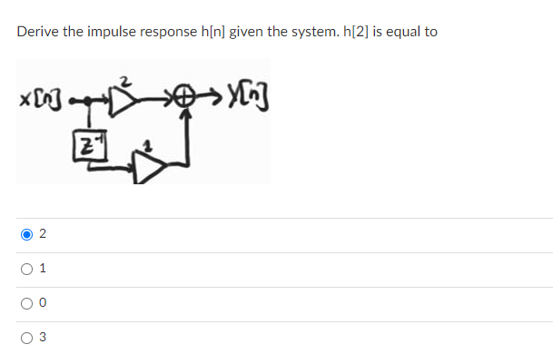Derive the impulse response h[n] given the system. h[2] is equal to
