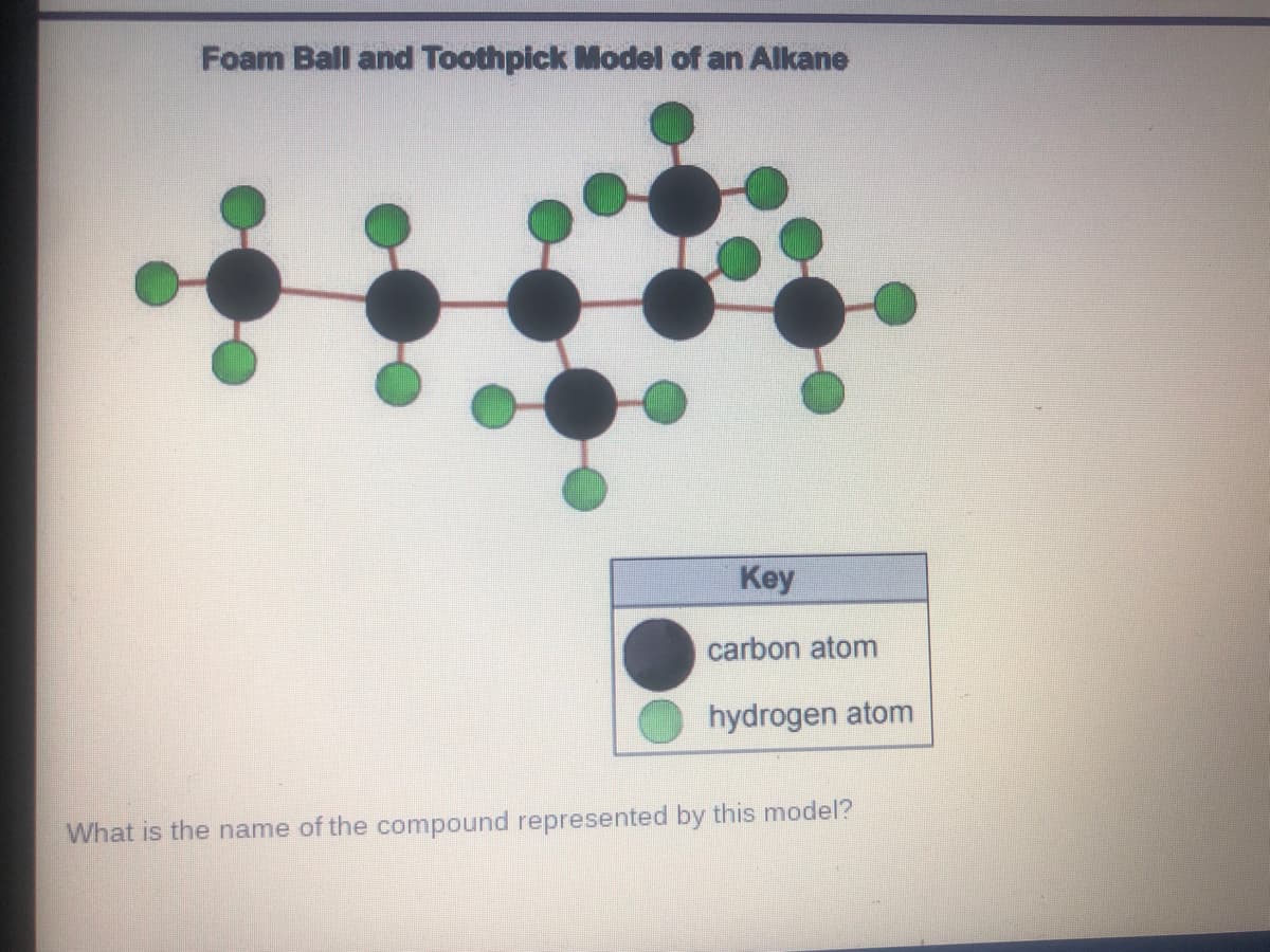 Foam Ball and Toothpick Model of an Alkane
Key
carbon atom
hydrogen atom
What is the name of the compound represented by this model?
