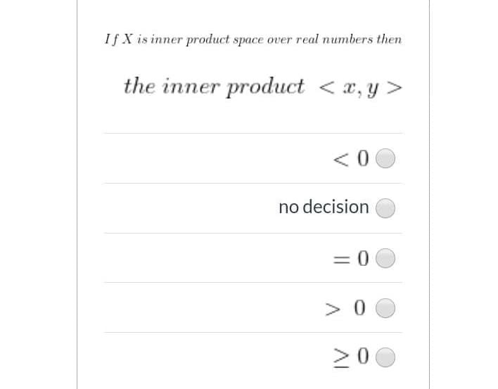 If X is inner product space over real numbers then
the inner product <x, y >
< 0
no decision
= 0
> 0
