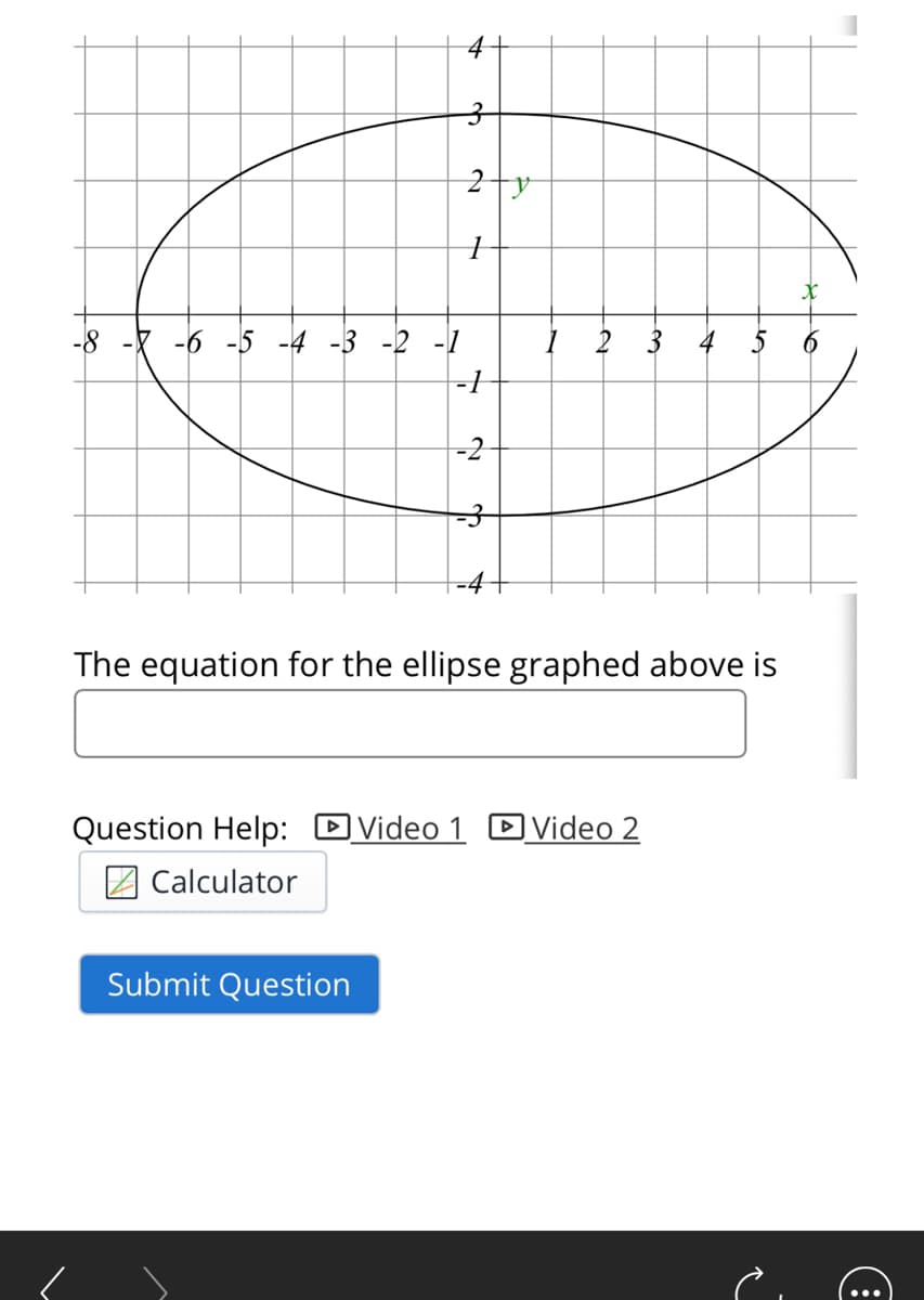 4-
2+y
-8 -k -6
-4 -3 -2 -1
I 2 3 4 5
-1
-2
The equation for the ellipse graphed above is
Question Help: DVideo 1 DVideo 2
Calculator
Submit Question
