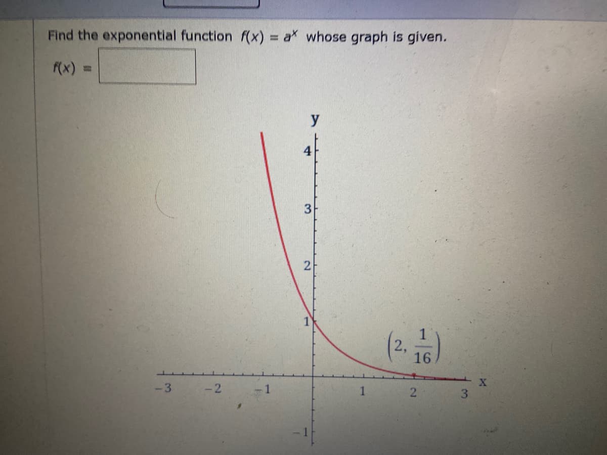 Find the exponential function f(x) = ax whose graph is given.
(x)
%3D
y
4
21
(2.)
X
3
-3
-2
2.
16
3.
