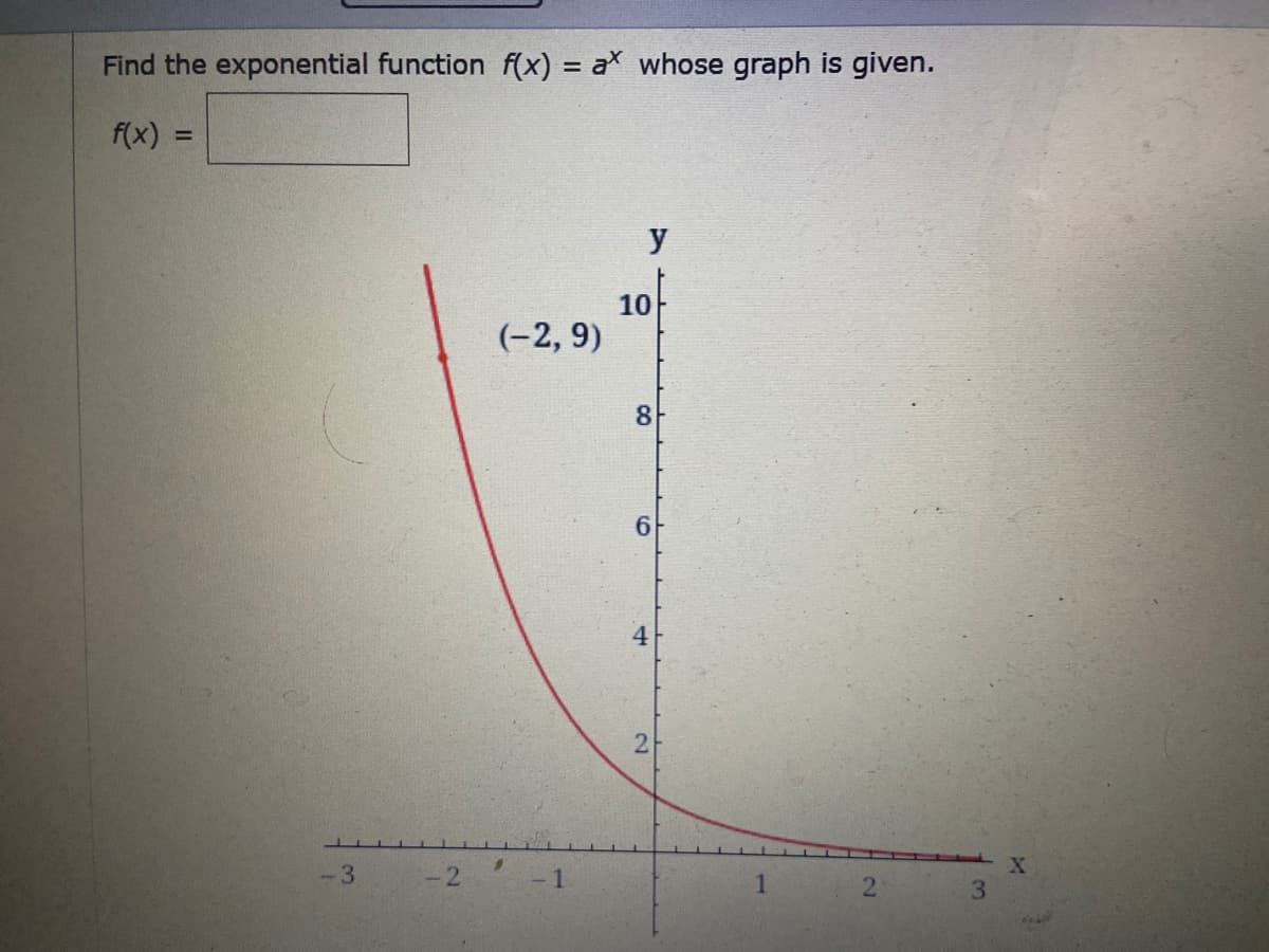Find the exponential function f(x) = a whose graph is given.
f(x) =
y
10
(-2, 9)
8
6.
4
2
3
21
-1
1.
3.
2.
